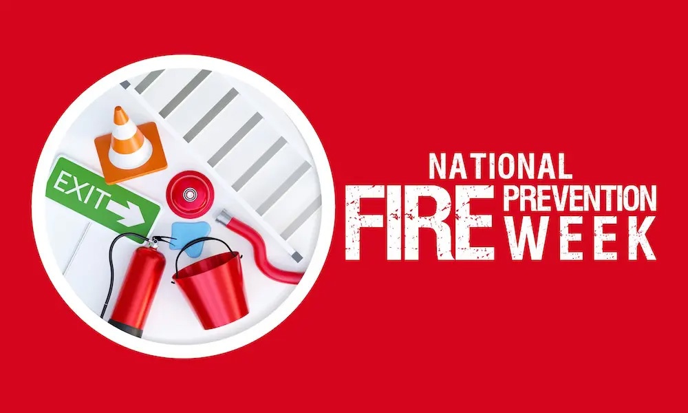 Fire-Prevention-Week-blog-round-picture-of-cone-ladder-exit-sign-fire-extiguisher-butcket-and-hose